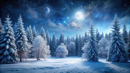 Frosty Forest Scene at Night, forest, winter landscape,  forest, winter landscape