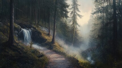 Obraz premium Misty forest path, waterfall, bridge, sunrise