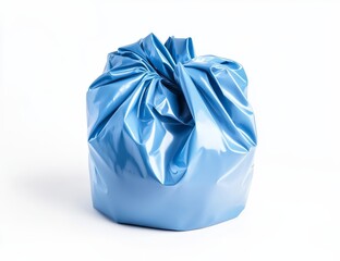 Tied blue plastic trash bag on white background.