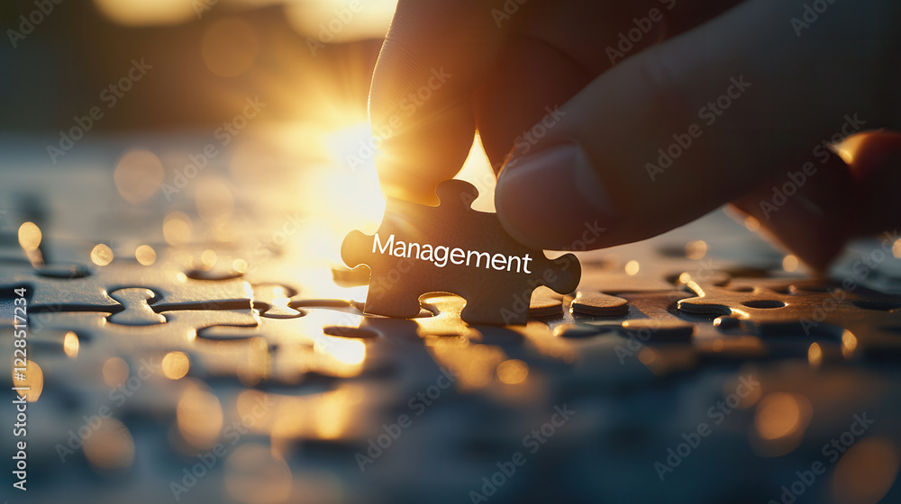 Aufkleber hand placing puzzle piece labeled management on table, symbolizing problem solving and teamwork