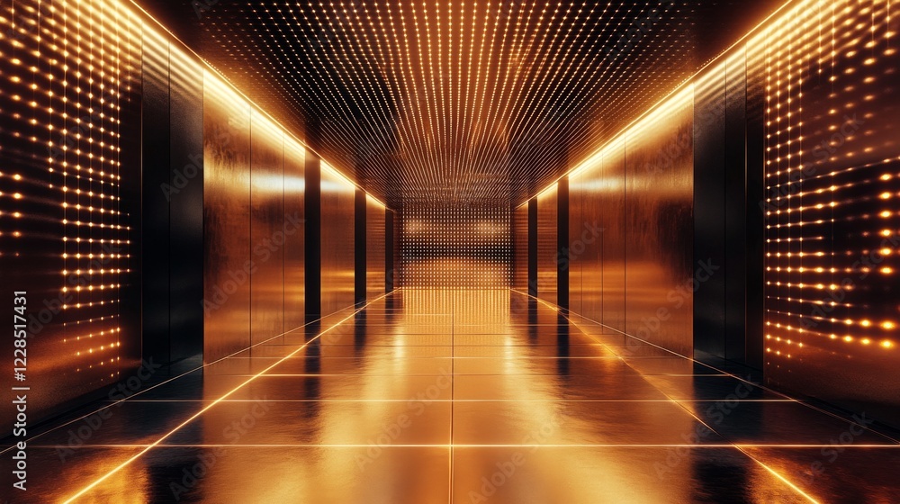 Poster golden corridor illuminated with array of lights