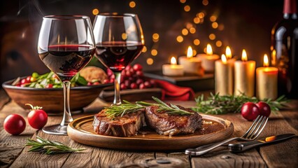 Fototapeta premium Romantic evening dinner for two with steaks and red wine , intimate meal, red wine