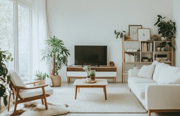 A bright and airy living room in Amsterdam with white walls, light gray wooden floor tiles, a sofa facing a TV on a wall stand