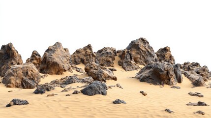 Obraz premium Rocky desert landscape with sand dunes under a clear sky, ideal for nature-themed projects