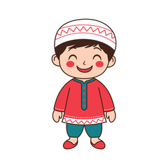 Happy Cute Muslim Kid Boy Cartoon Character Wearing Islamic Traditional Clothes