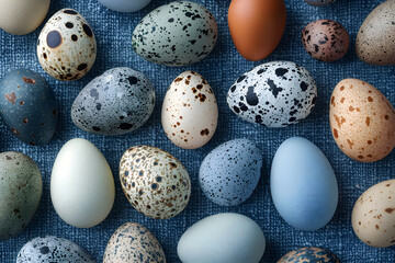 A Study in Oology: Diverse Collection of Bird Eggs on a Denim Background
