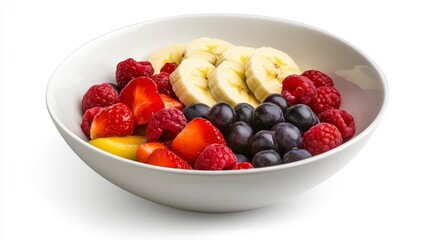 Fresh Fruit Bowl with Bananas, Raspberries, Strawberries, and Blueberries