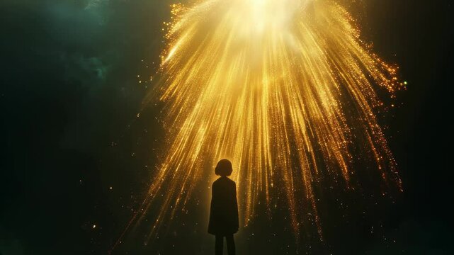 In a dark void, warm golden light illuminates cascading particles during a timeless moment, creating a luxurious atmosphere. 