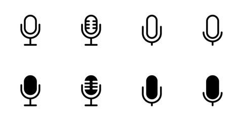 Microphone icon set, flat style line and glyph vector illustrations