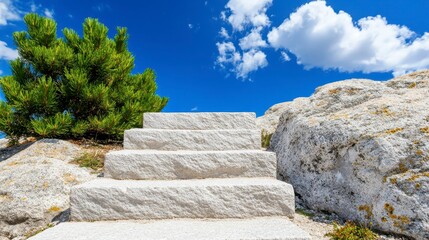Fototapeta premium Stone Steps Leading Up to Bright Blue Sky and Green Pine Tree