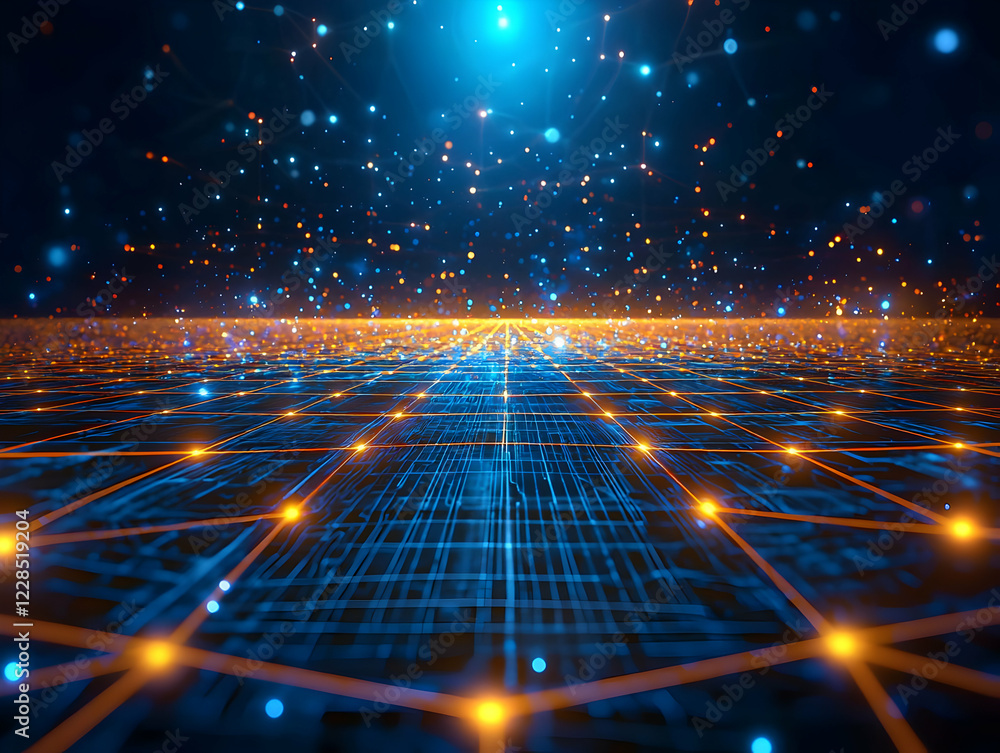Aufkleber digital network grid, data flow, glowing nodes