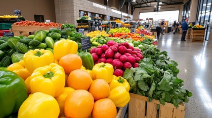 Vibrant Display of Fresh Fruits and Vegetables in Market Hall