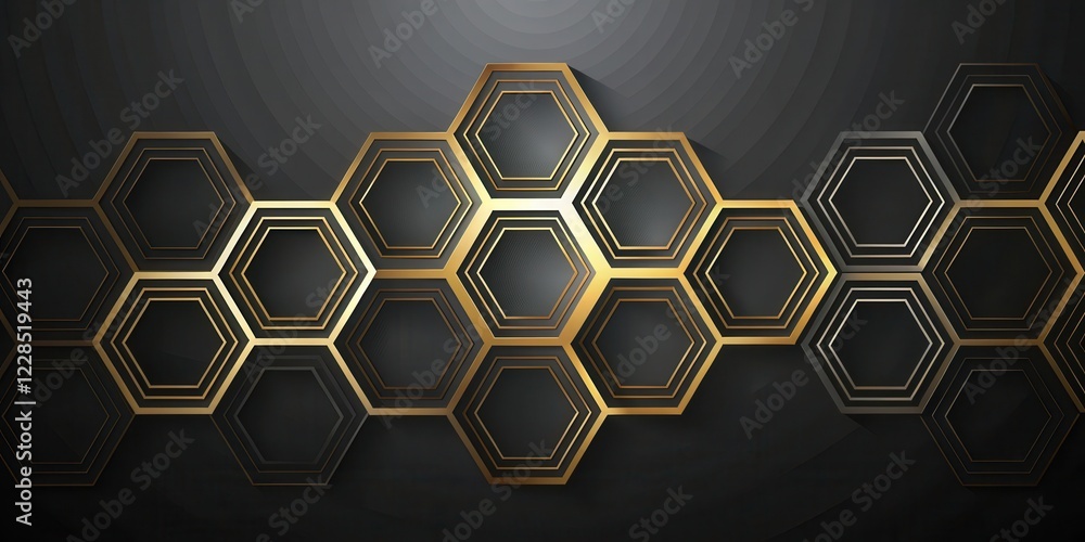 Wall mural abstract gold and black hexagon pattern design with subtle depth