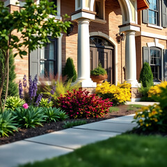 Luxury Home Exterior with Landscaped Garden and Brick Facade.  Real Estate Photography showcasing elegant architecture, landscaping, and inviting entrance.