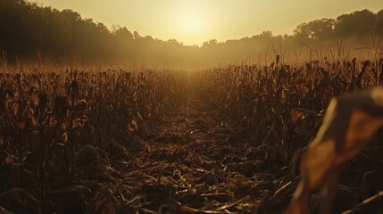 Dry corn stalks in a field at sunrise. Illustrates themes of harvest, autumn, and rural landscapes.