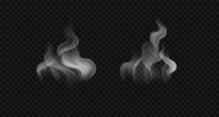 Realistic wavy smoke, hot food steam, bbq, cigarette smoke. Vector swirl white fog, haze, isolated on transparent background