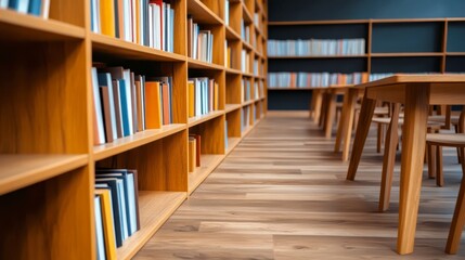 Modern Library Interior with Wooden Shelves and Books on Display