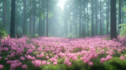 Misty forest with pink flowers in bloom creating a magical atmosphere in nature