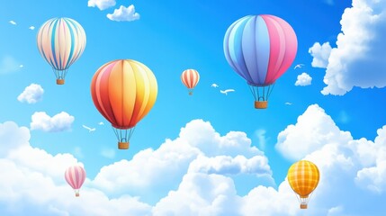 Background with multicolored flying balloons in blue sky