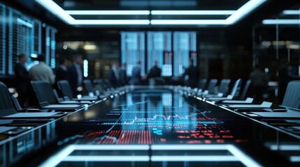 A stock market graph projected on a glass table in a high-tech meeting room,