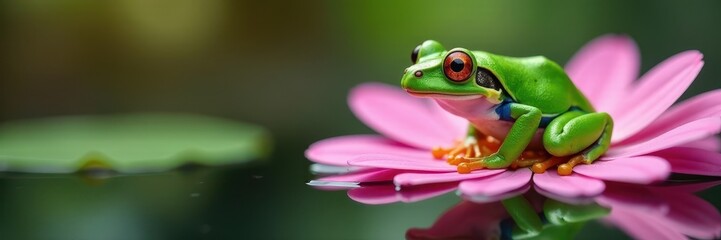 Vibrant green frog perched on pink gerbera, reflected in water , leaf, natural