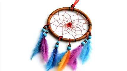 Colorful Dreamcatcher with Feathers and Beads on White Background