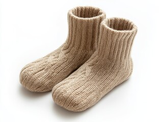 Pair of beige knitted wool socks.