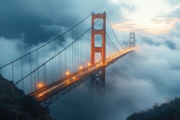 Obraz premium Suspension Bridge in Clouds Aerial View Surreal Landscape