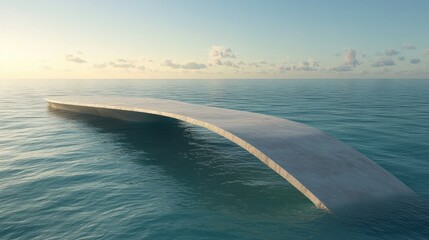 Serene curved bridge extending over calm ocean waters at sunrise, evoking tranquility and exploration