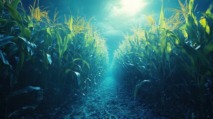 Obraz premium Mystical cornfield path at twilight, sunlit. Perfect for fantasy, mystery, or nature themes.