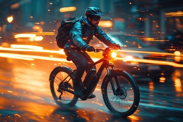 Dynamic Pizza Delivery Cyclist in Urban Scene with Motion Blur and Backlighting