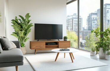 a living room with a white parquet floor and a light grey sofa, a wooden TV stand on the right side
