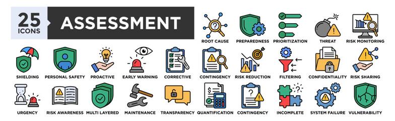 Assessment icon collection set. Containing design Root Cause, Preparedness, Prioritization, Potential Threat, Risk Monitoring