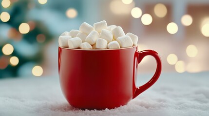 Cozy Red Mug Filled With Marshmallows on Snowy Surface