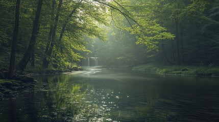 Obraz premium Misty forest stream, waterfall, sunlight, tranquil nature scene, idyllic background