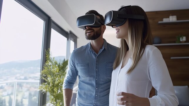 A couple exploring a virtual reality real estate tour to visualize potential homes in different architectural styles, VR home shopping theme, Architectural style