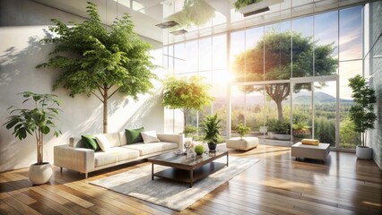 Fototapeta premium Stunning Double Exposure of Modern Minimalist Interior Bathed in Natural Sunlight, Showcasing Shadows and Calm Ambiance for Contemporary Home Decor Inspiration