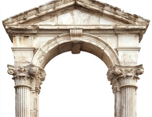 Obraz premium Ancient stone archway with weathered columns and pediment, isolated on white.
