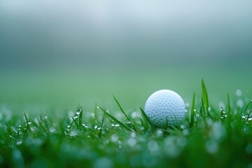 pristine white golf ball nestled in morning dewkissed fairway ethereal fog macro shot