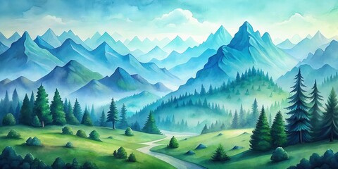 Fototapeta premium Serene Mountain Vista A Dreamlike Watercolor Landscape Featuring Rolling Hills, Lush Meadows, and a Winding Path Through a Misty Forest, Leading to Majestic Peaks