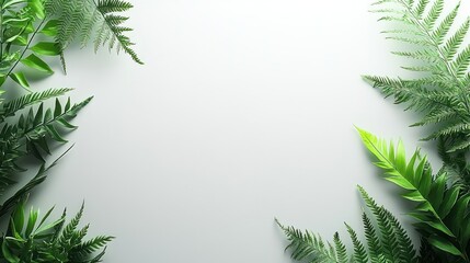 Fern fronds frame white backdrop, bright overhead studio shot for copy space