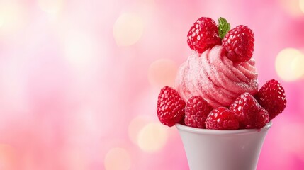 Delicious Raspberry Sorbet in a White Cup on a Blurred Background
