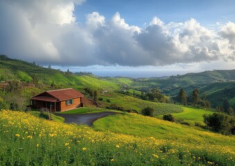 Fototapeta premium Serene Landscape of Green Hills and Rustic Cabin with Ocean View in Madeira Countryside Aerial Perspective