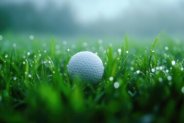 pristine white golf ball nestled in morning dewkissed fairway ethereal fog macro shot