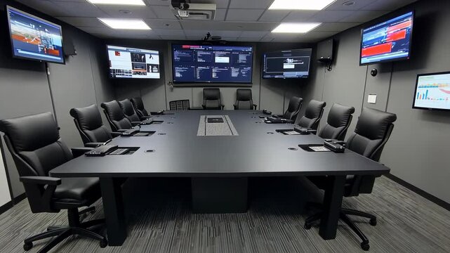 Modern conference room equipped with multiple screens for strategic meetings and decision-making activities