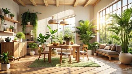 Sunlit Tropical Interior: Beige Rug, Wooden Furniture, Lush Plants, Food Photography