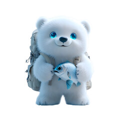 Fluffy 3D Cartoon Backpack with Glowing Zippers Featuring a White Teddy Bear Holding a Fish Isolated on Transparent Background