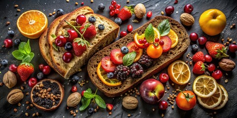 A vibrant and colorful arrangement of fresh fruit and berries atop slices of hearty bread, creating a delightful and nutritious open-faced sandwich