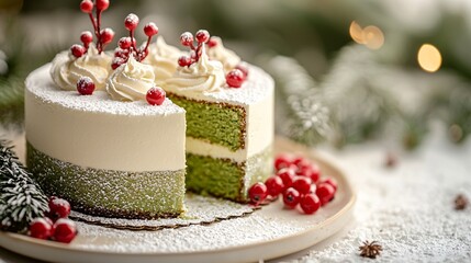 Festive Green Layer Cake with White Frosting and Red Berries for Christmas Celebration.