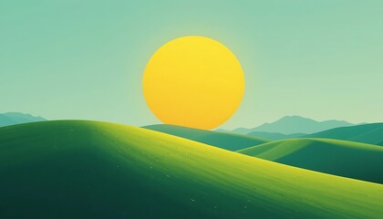 Abstract landscape with a large yellow sun above rolling green hills